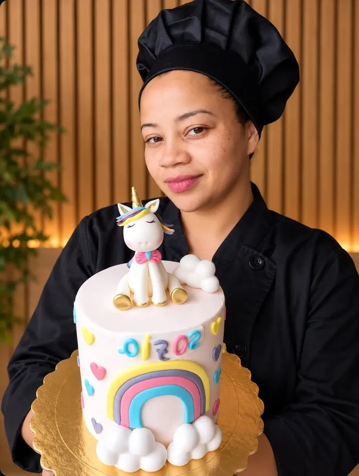 Chefe Joseane Alves com bolo infantil de unicórnio