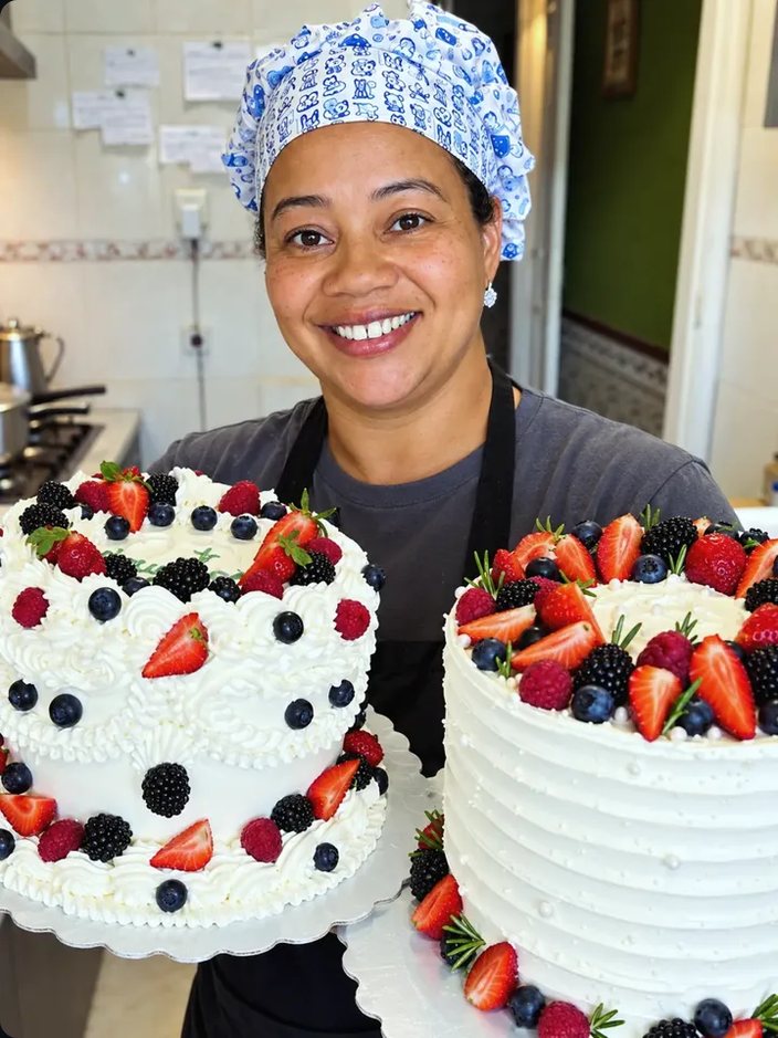 Chefe Joseane Alves com dois bolos decorados com frutas vermelhas